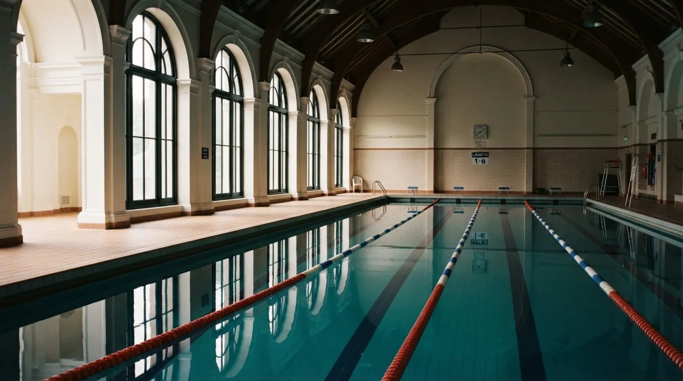 Eine ruhige Schwimmhalle mit glattem Wasser im Becken und gespannten Bahnleinen, Licht fällt durch hohe Fenster.