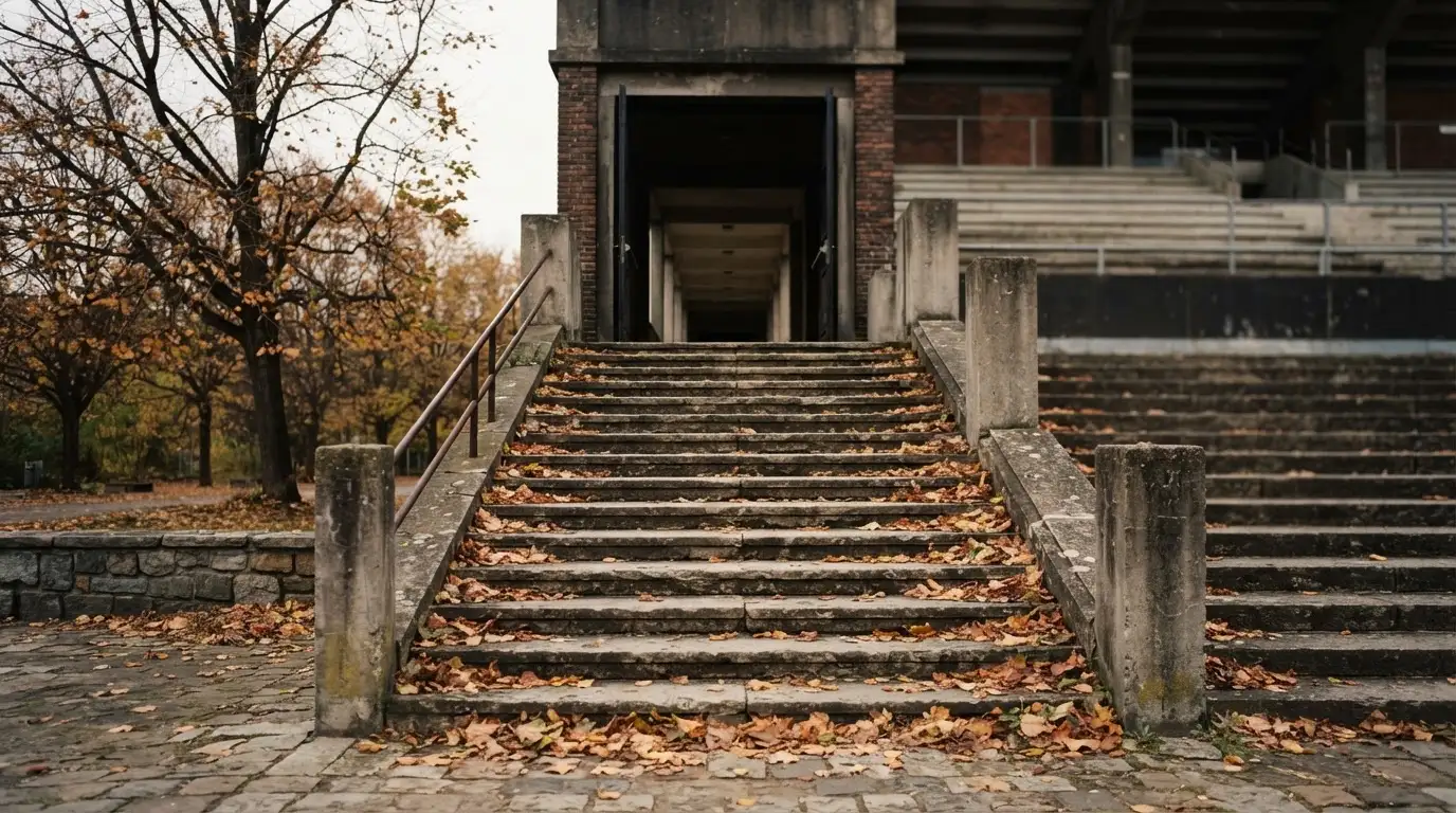 Eine breite Steintreppe führt zum Eingang einer Tribüne, Herbstlaub liegt auf den Stufen.