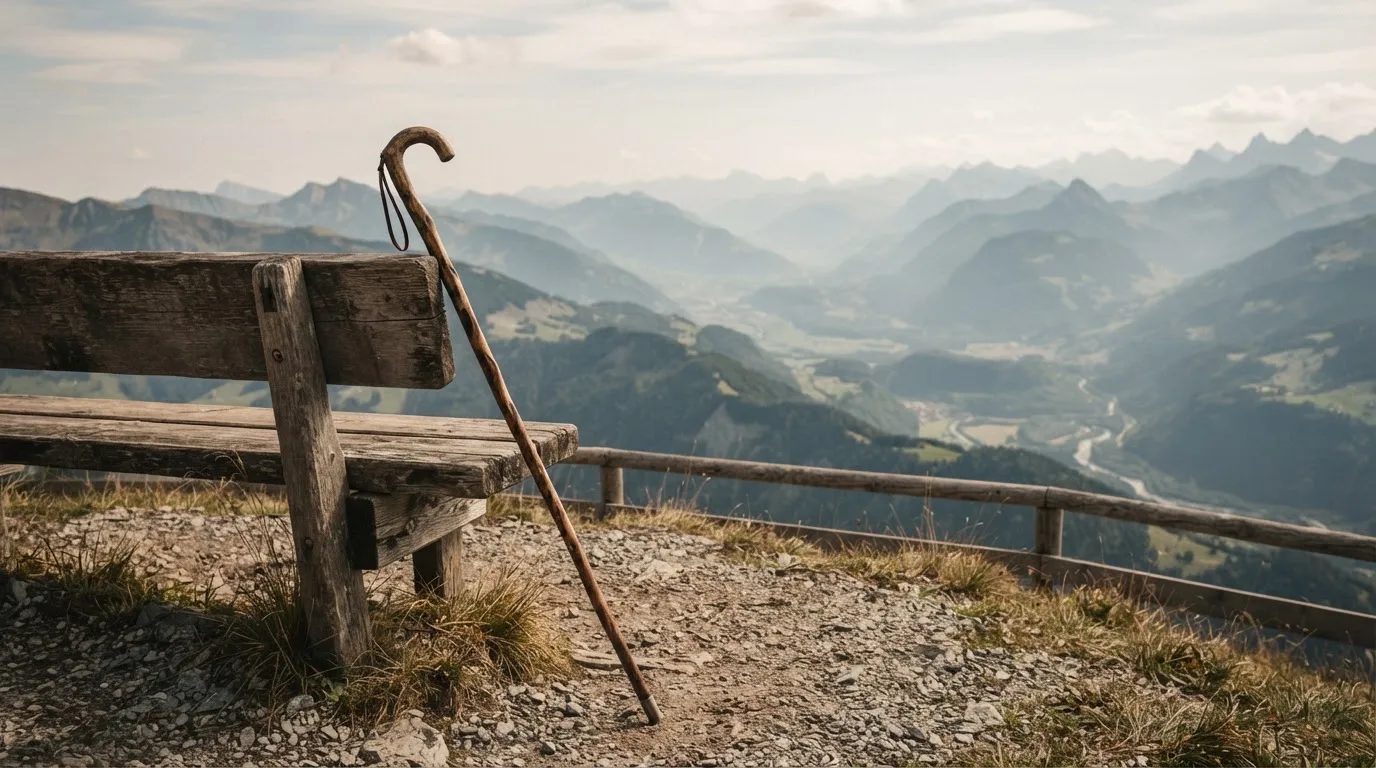 Ein Wanderstock lehnt an einer Holzbank auf einem Aussichtspunkt, dahinter breitet sich ein Tal im Dunst aus.