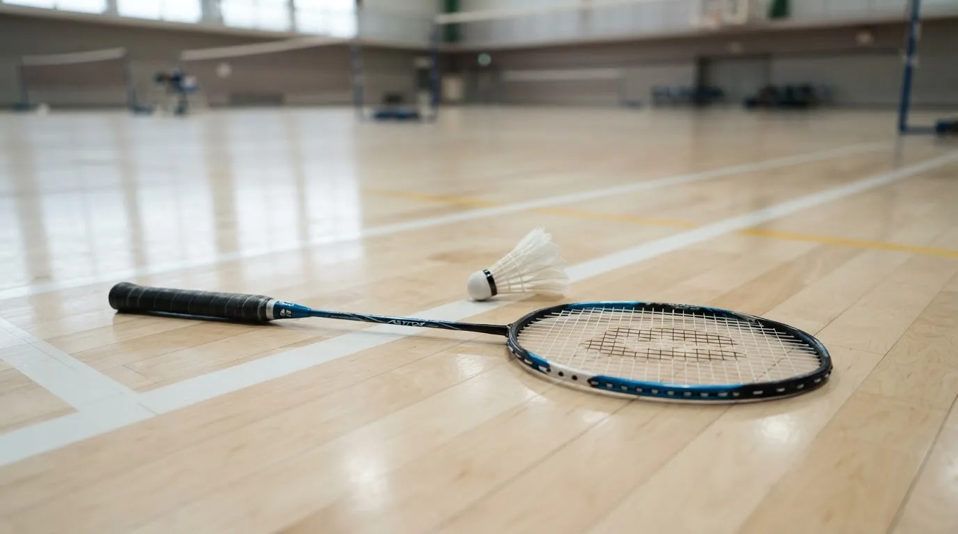 Ein Badmintonschläger liegt neben einem Federball auf dem hellen Hallenboden eines leeren Spielfelds.