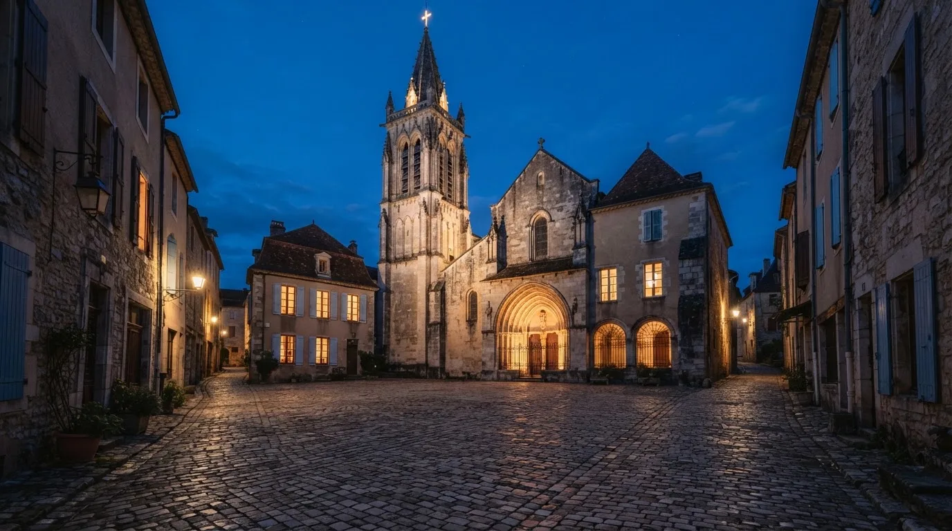 Ein Kopfsteinpflasterplatz vor einer Kirche in einer Altstadt am Abend, warme Fensterlichter und menschenleere Gassen.