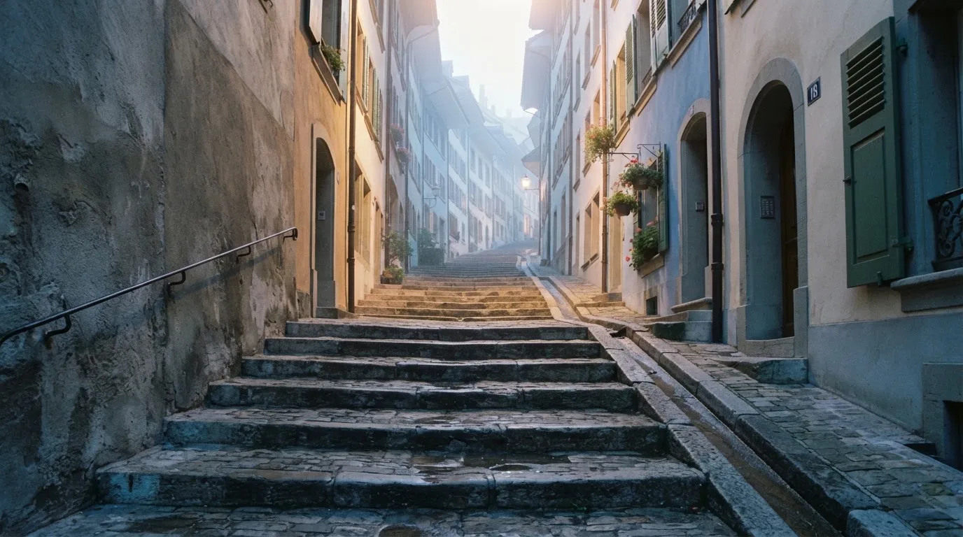 Eine breite Sandsteintreppe in einer Berner Altstadtgasse am frühen Morgen, niemand zu sehen, weiches Licht und leichter Nebel.