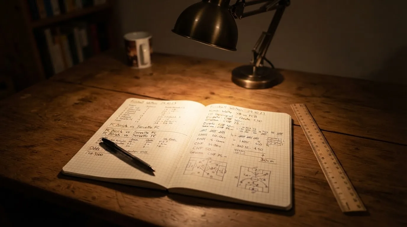 Eine Schreibtischlampe beleuchtet ein kariertes Heft mit handschriftlichen Skizzen, daneben liegt ein Lineal aus Holz.