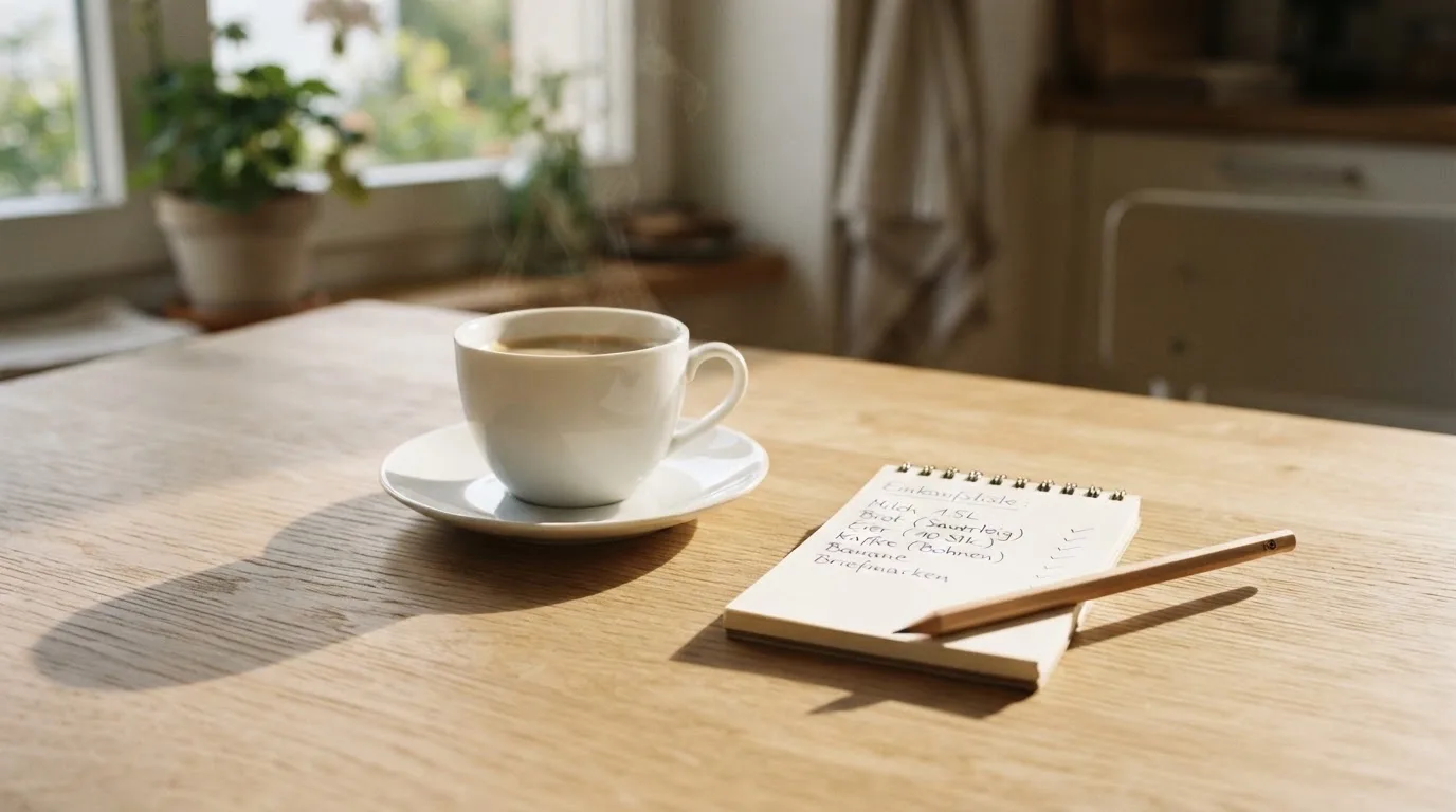 Eine Tasse Kaffee und ein Bleistift liegen auf einem sonnenbeschienenen Küchentisch neben einem leeren Notizblock.