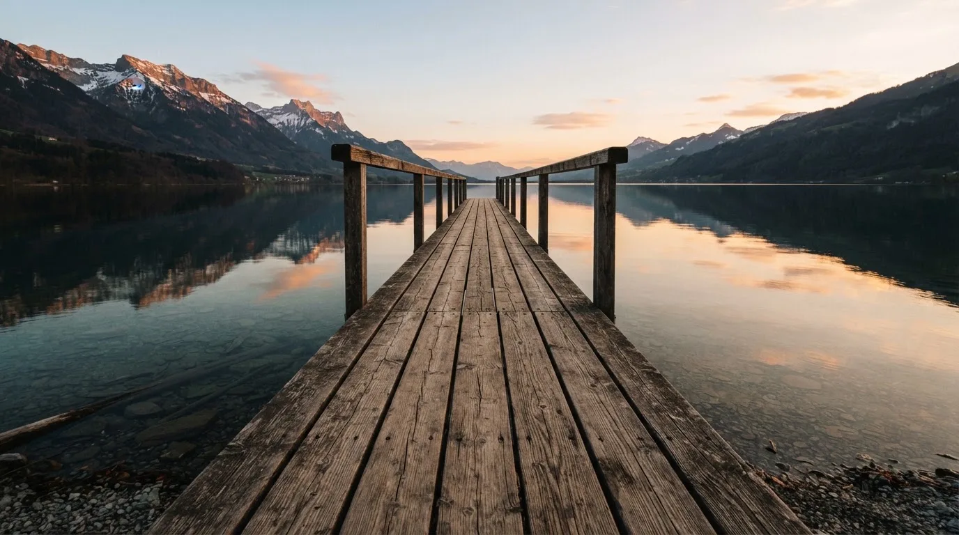 Ein leerer Holzsteg ragt am Abend in einen ruhigen Bergsee, das Wasser spiegelt den Himmel.