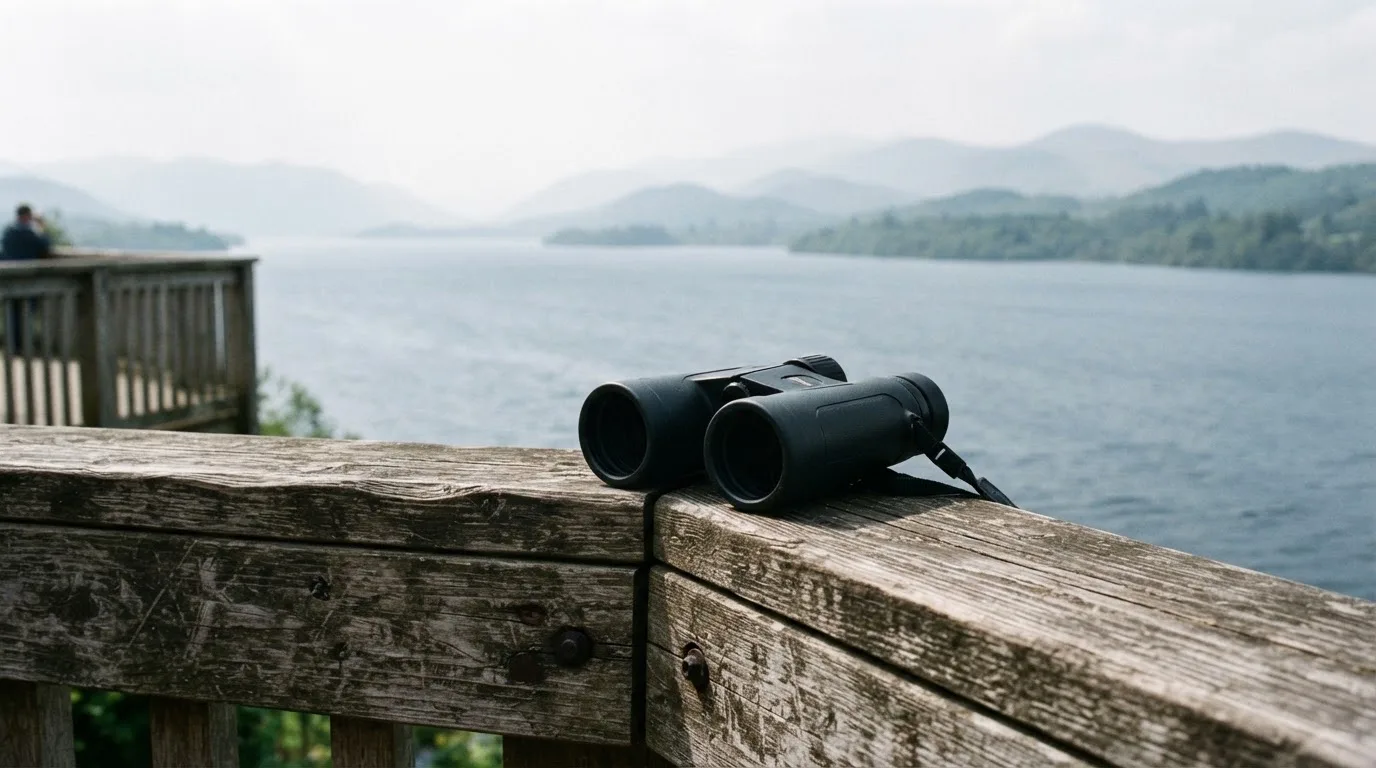 Ein Fernglas liegt auf dem Geländer einer Aussichtsplattform über einem See, dahinter flache Hügel im Dunst.