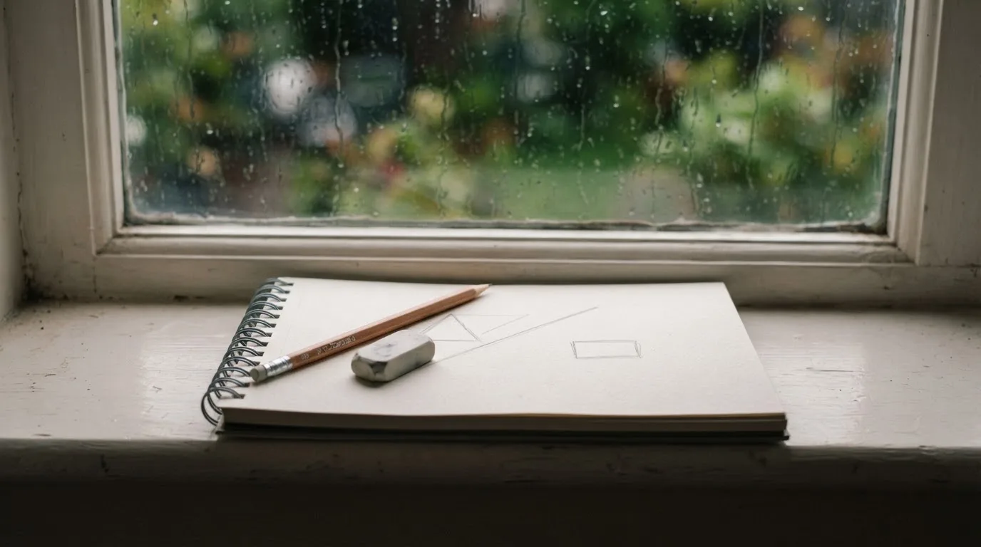 Ein Zeichenblock mit einem Bleistift und einem Radiergummi liegt auf einem Fensterbrett, draussen fällt Regen.