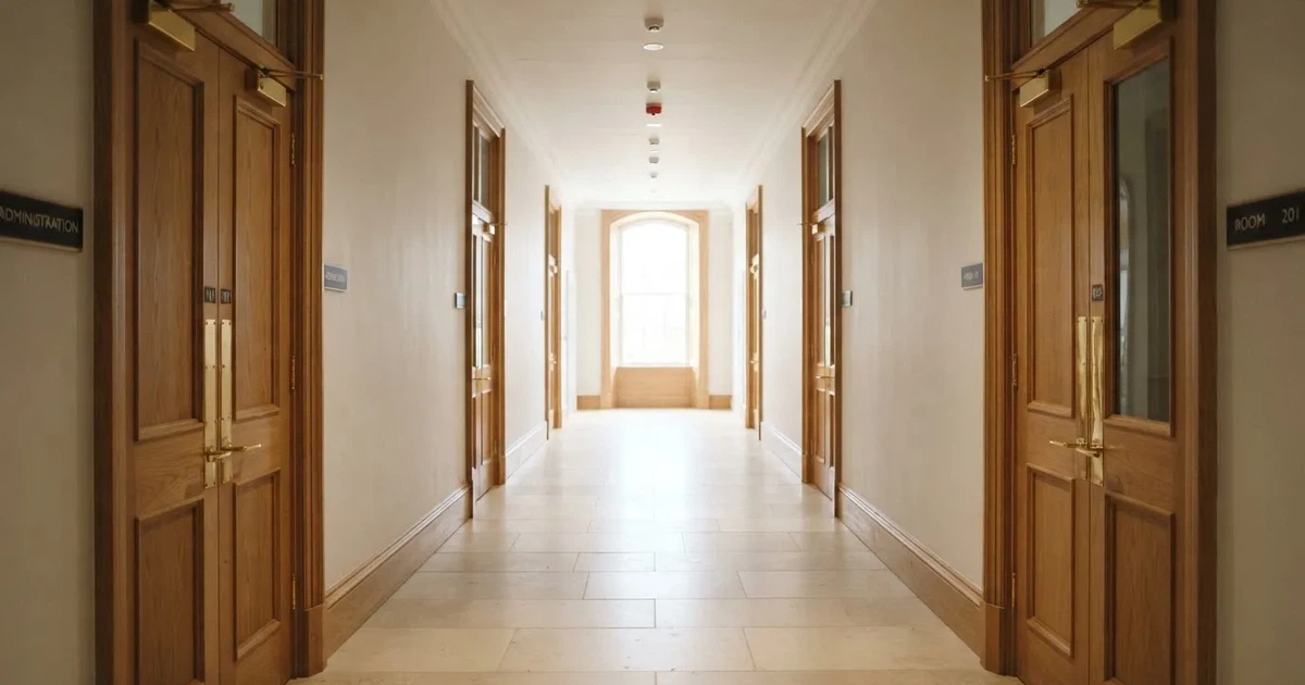 Ein langer Flur mit Holztüren und hellem Boden in einem ruhigen Verwaltungsgebäude, am Ende fällt Tageslicht durch ein Fenster.