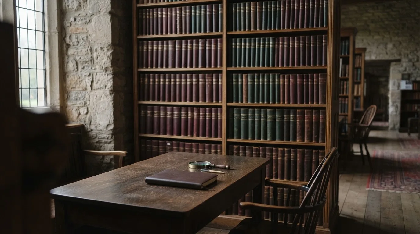 Ein Bücherregal mit ledergebundenen Bänden in dunklen Farben in einer stillen Bibliothek, davor ein Lesetisch.