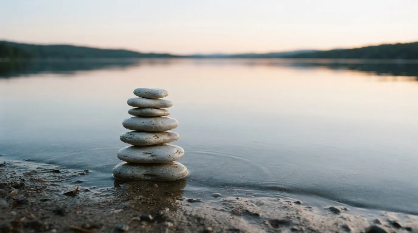 Ein Stapel flacher Kieselsteine liegt am Seeufer in der Morgendämmerung, das Wasser ist spiegelglatt.