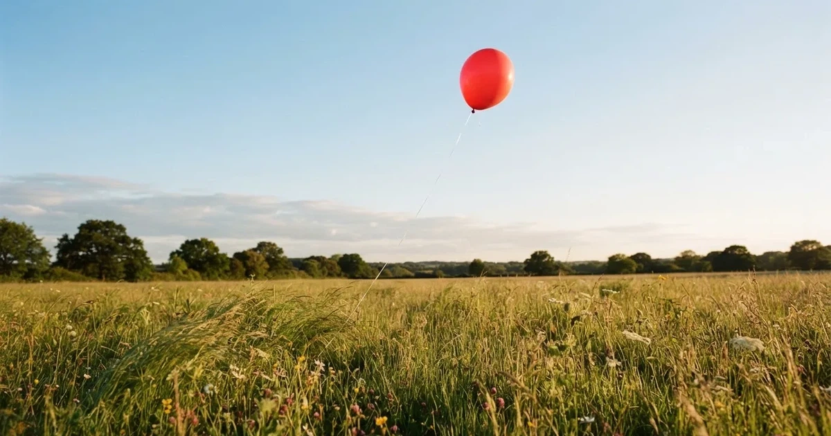Ein roter Luftballon schwebt an einer dünnen Schnur über einer Sommerwiese, der Himmel dahinter ist klar.