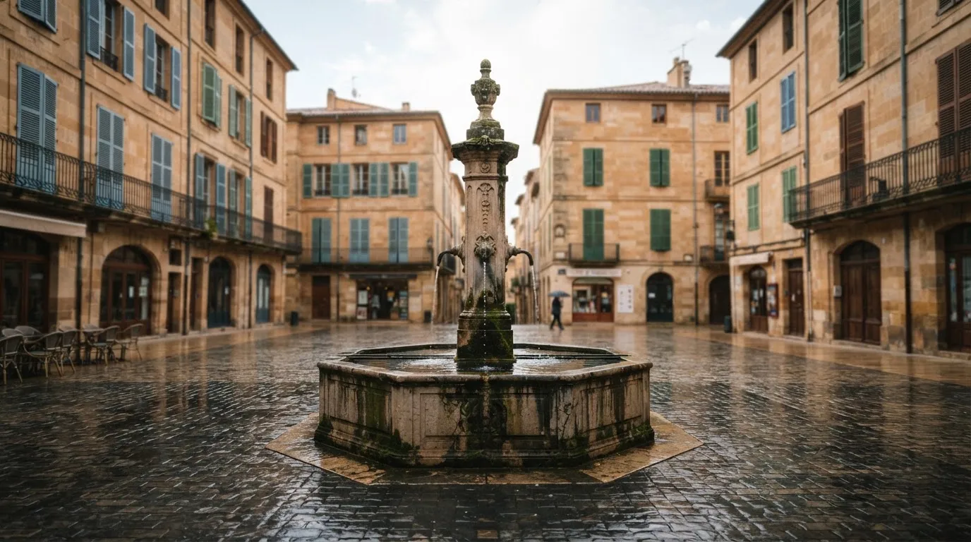 Ein Brunnen auf einem Altstadtplatz zwischen Sandsteinfassaden, nasses Kopfsteinpflaster nach einem Regenschauer.