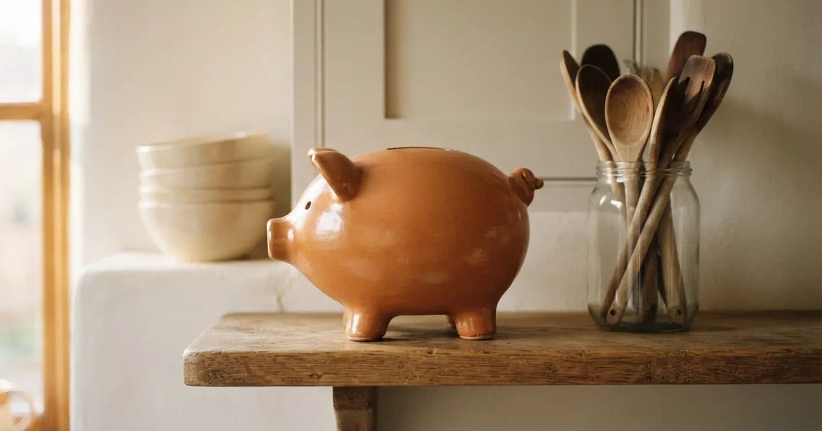 Ein Sparschwein aus Keramik steht auf einem Küchenregal neben einem Glas mit Holzlöffeln.