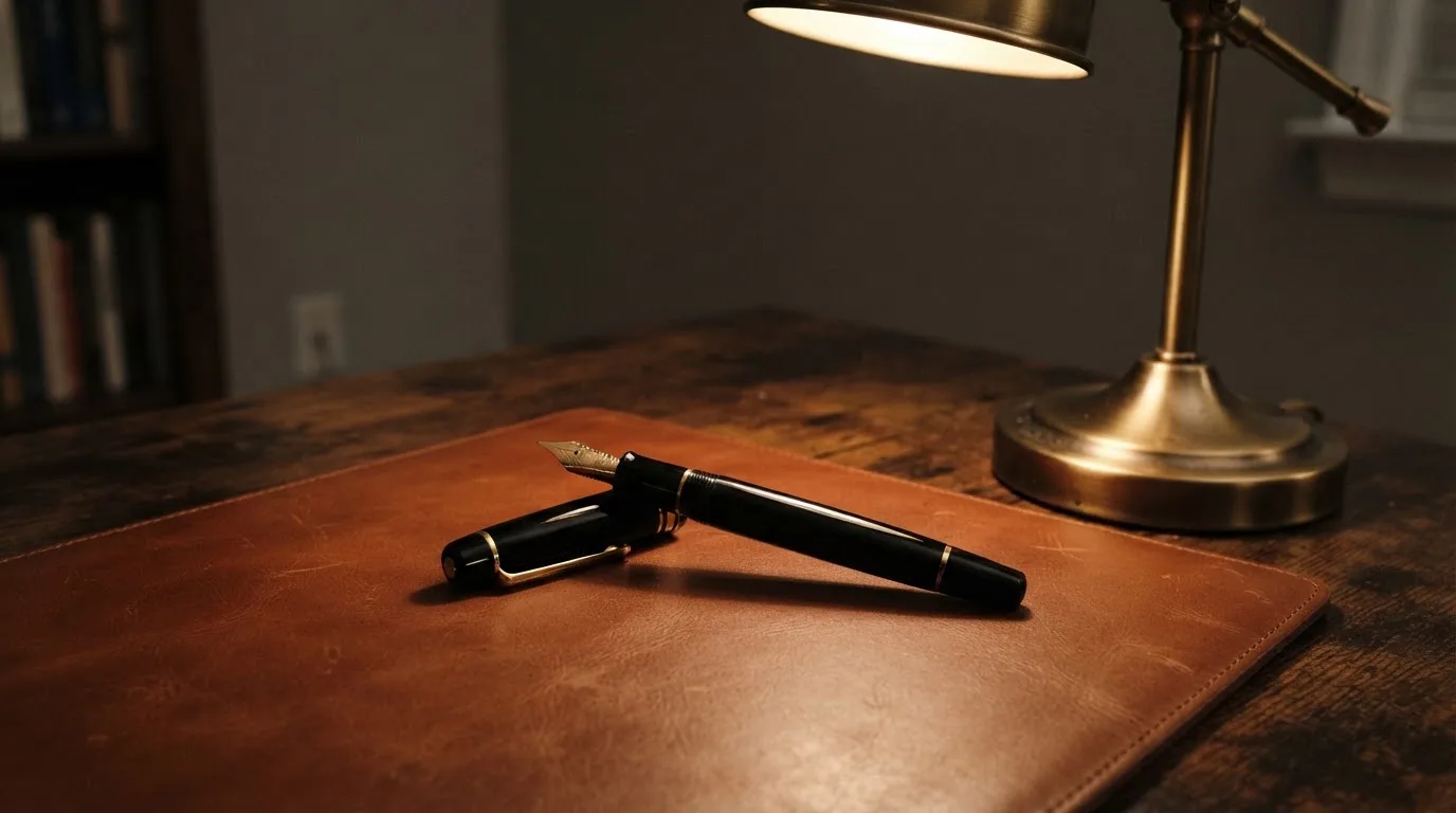 Ein Füllfederhalter liegt auf einer leeren Schreibunterlage aus Leder neben einer Messinglampe.
