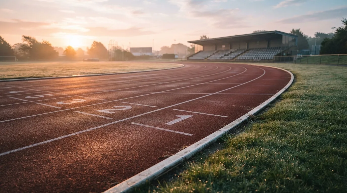 Eine leere Tartanbahn einer Leichtathletikanlage am frühen Morgen, Tau auf den Rasenflächen daneben und tiefstehende Sonne.