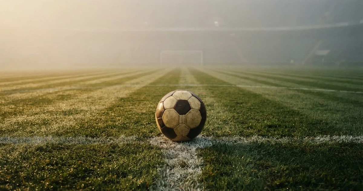Ein Fussball liegt auf dem Anstosspunkt eines leeren Rasenplatzes im dichten Morgennebel.