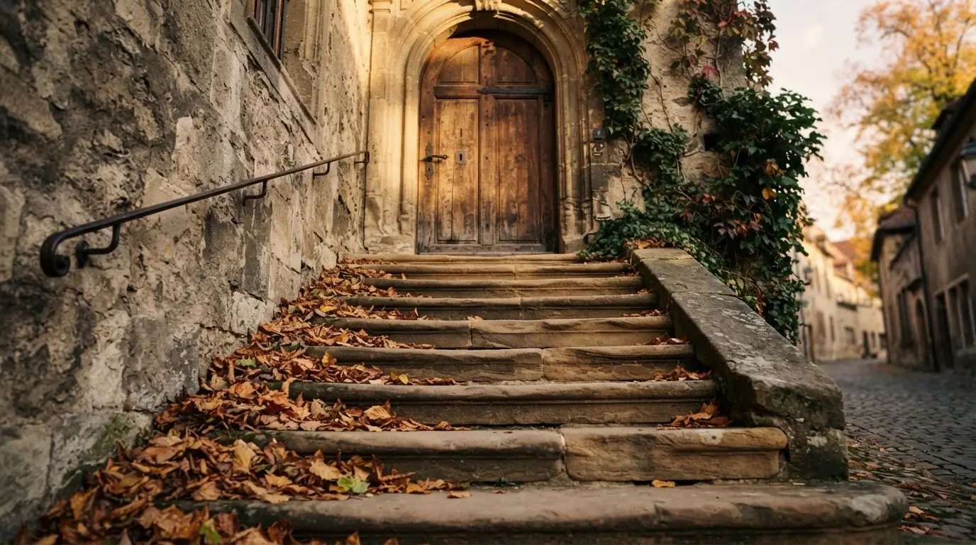 Eine Steintreppe mit Geländer führt zu einer hohen Holztür eines alten Gebäudes, Herbstlaub liegt auf den Stufen.