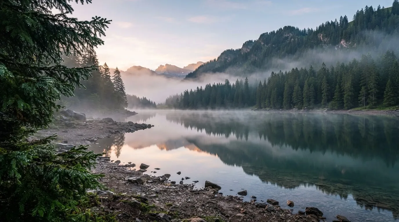 Ein ruhiger Bergsee mit Nebel am Ufer bei Sonnenaufgang, am Hang dahinter dunkle Tannen.
