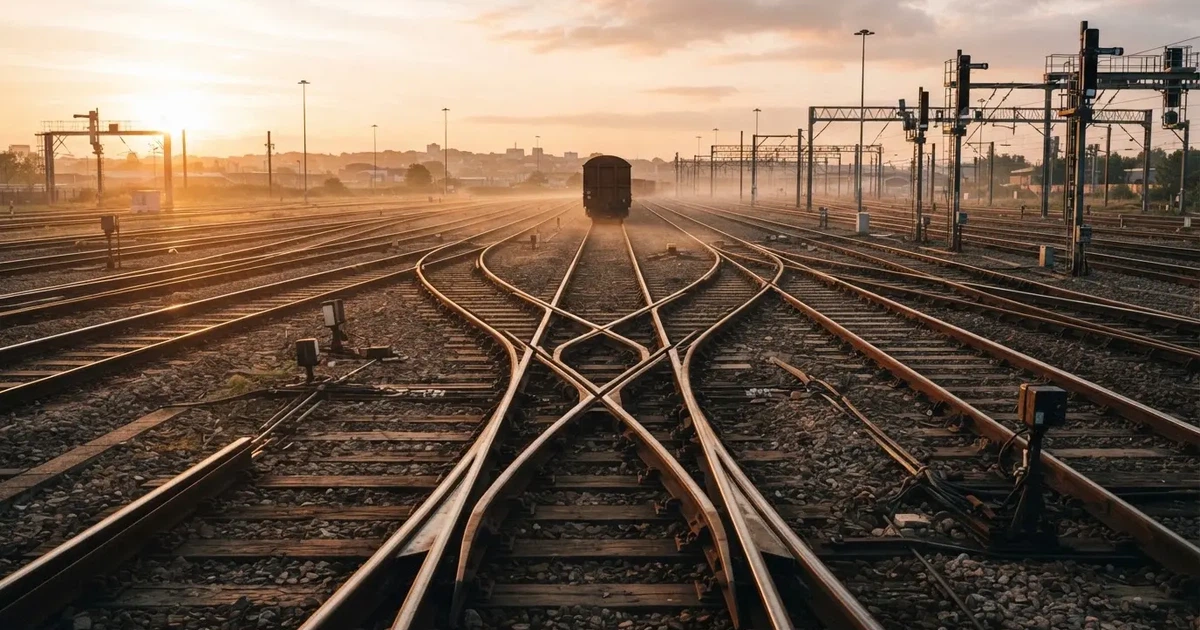 Ein Rangierbahnhof mit mehreren sich verzweigenden Gleisen und Weichen im Morgenlicht, in der Ferne steht ein Güterwagen.