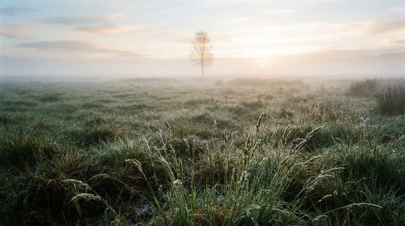 Eine Wiese mit Bodennebel am frühen Morgen, in der Ferne ein einzelner Baum vor hellem Horizont.