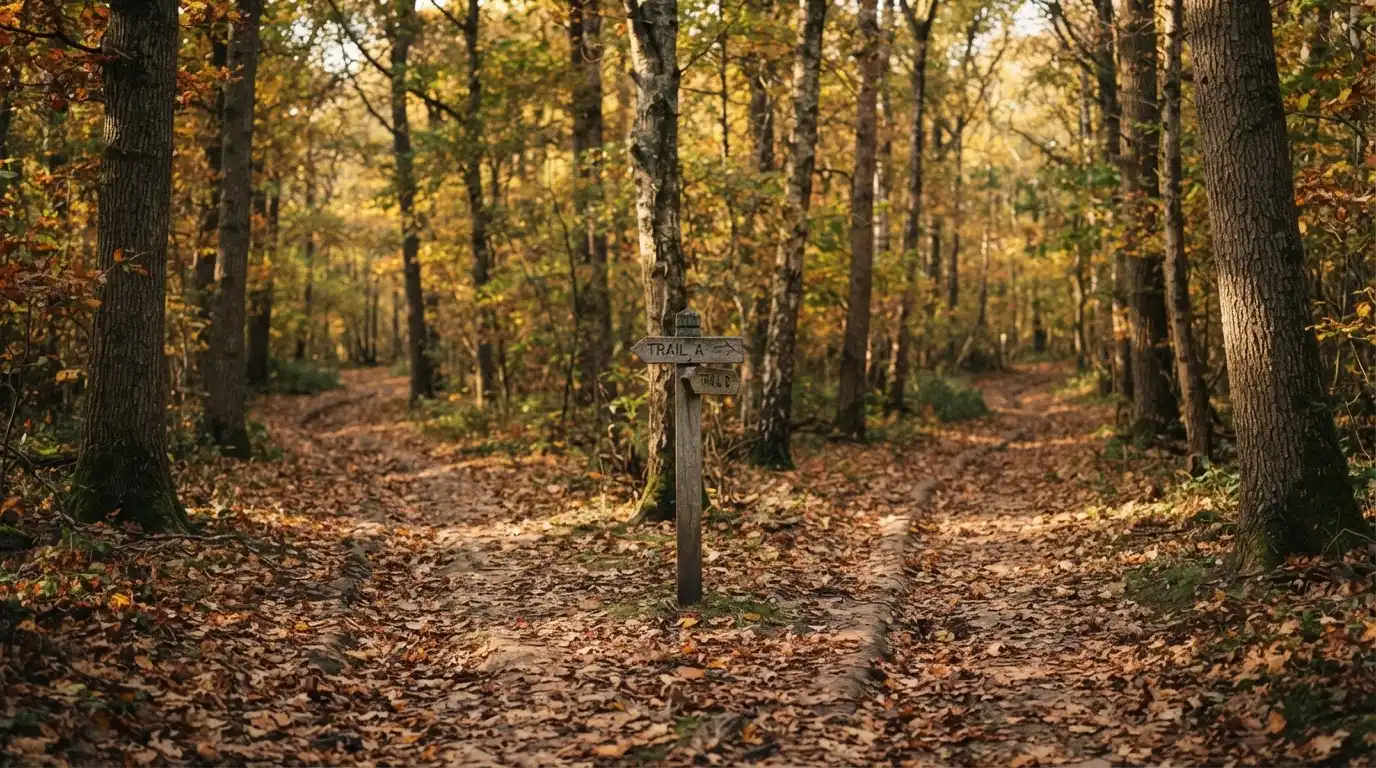 Eine Wegkreuzung im Wald, an der sich zwei Pfade im Herbstlicht gabeln, Laub bedeckt den Boden.