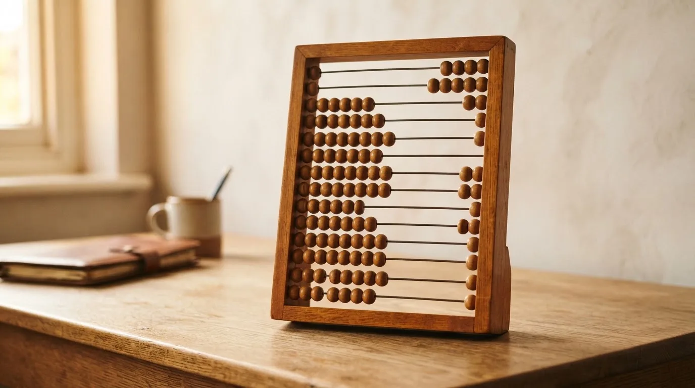 Ein Abakus aus Holz steht auf einem Schreibtisch, einige Perlen sind nach links geschoben, Seitenlicht fällt darauf.