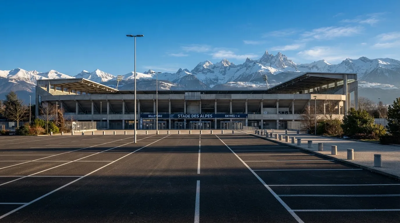 Hinter einem leeren Stadion ragen verschneite Berggipfel in den klaren Morgenhimmel, davor ein Parkplatz im ersten Sonnenlicht.