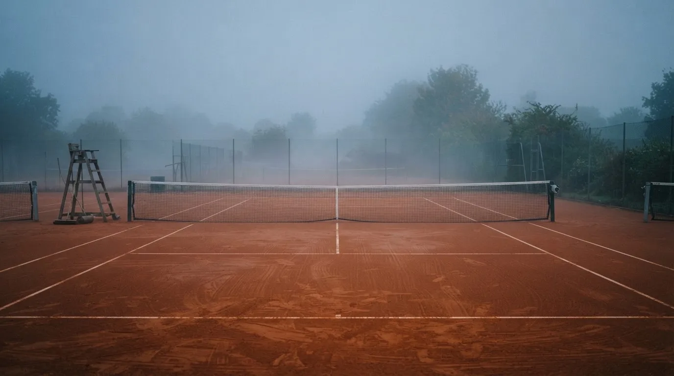 Ein Tennisplatz aus Sand liegt im Morgengrauen still da, Nebel hängt über der Grundlinie und dem aufgespannten Netz.