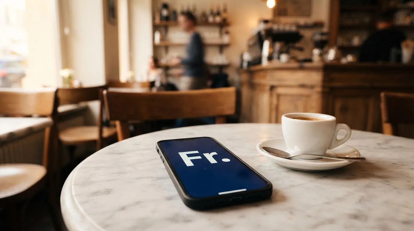 Ein Smartphone liegt mit der Rückseite nach oben auf einem Kaffeehaustisch neben einer Tasse und einem Löffel.