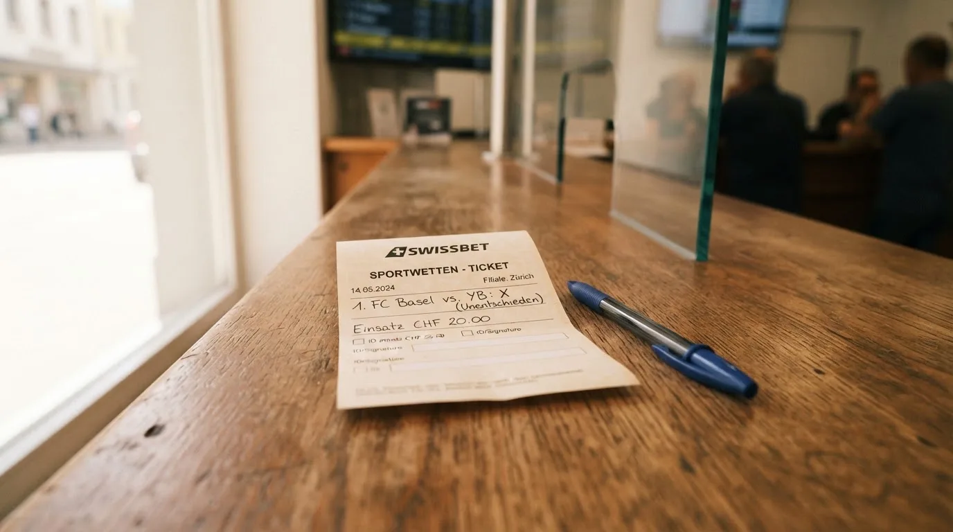 Ein unbeschriebener Papierwettschein und ein Kugelschreiber liegen auf einer hölzernen Ladentheke im Tageslicht.