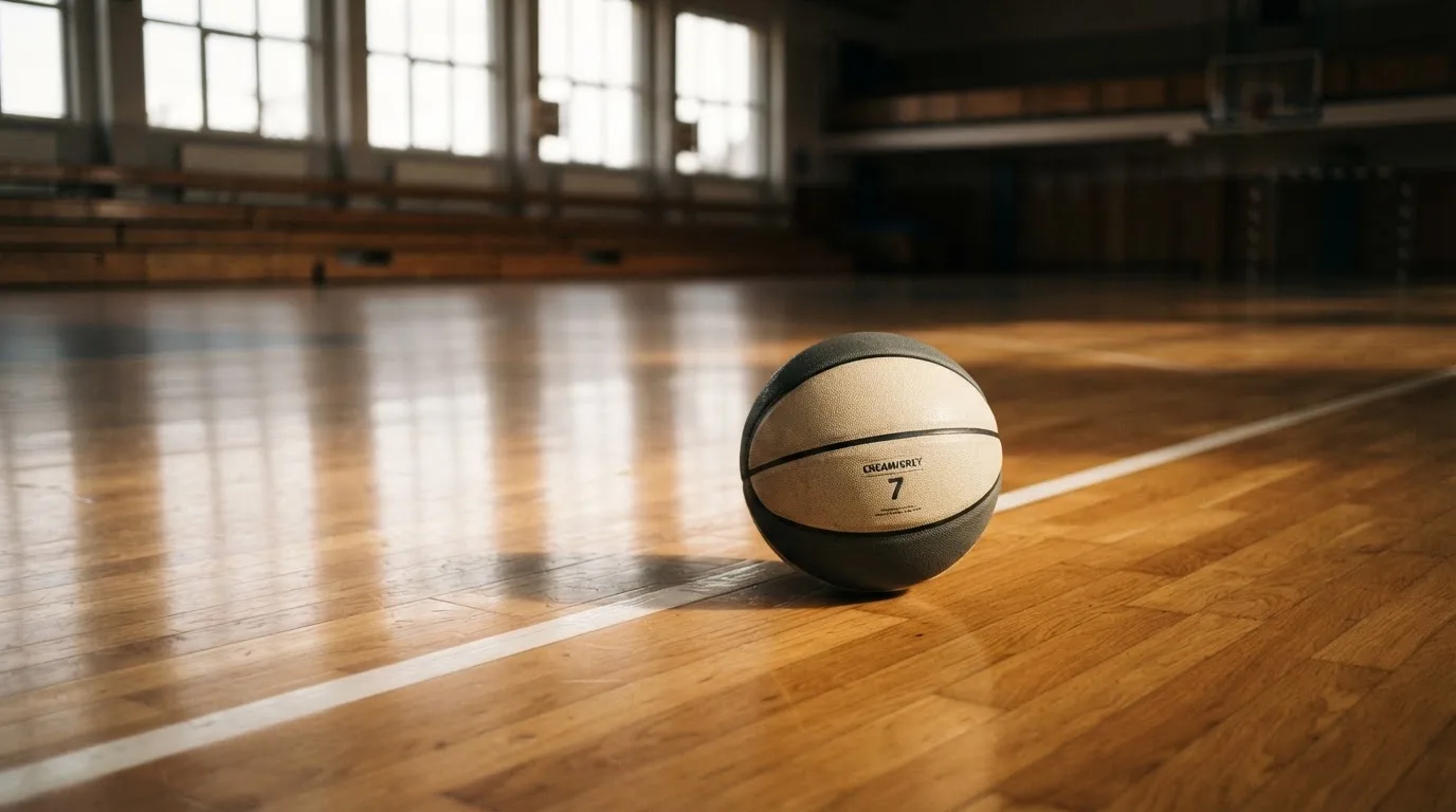 Ein Basketball ruht auf dem Parkett einer leeren Sporthalle, durch hohe Fenster fällt Tageslicht.