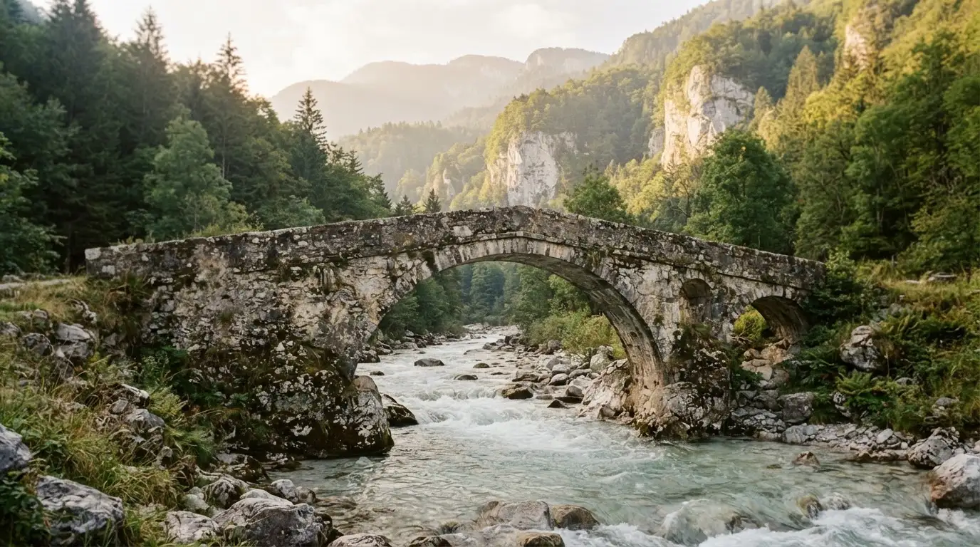 Eine alte Steinbrücke überspannt einen Gebirgsfluss, im Hintergrund steigen bewaldete Hänge an.