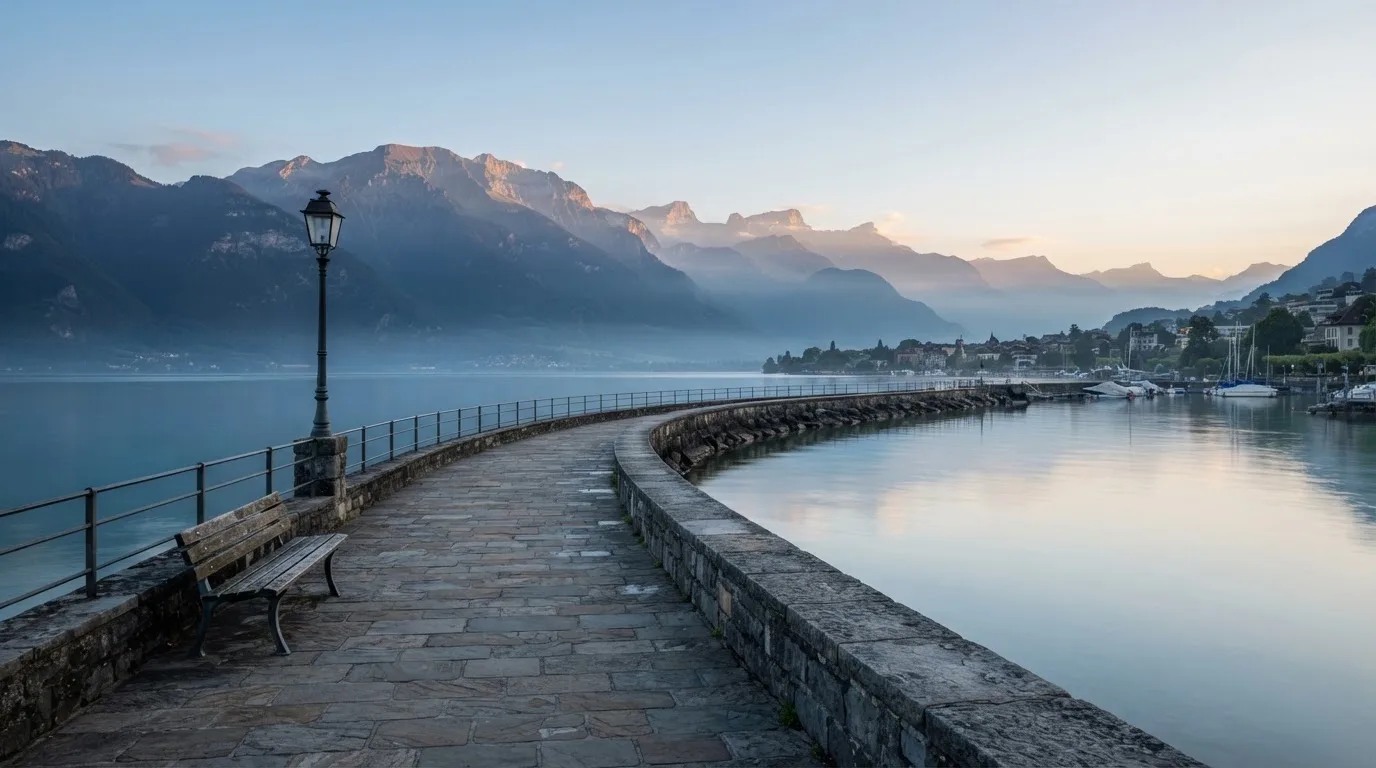 Eine Uferpromenade an einem Schweizer See liegt am frühen Morgen leer da, am anderen Ufer ragen Berge auf.