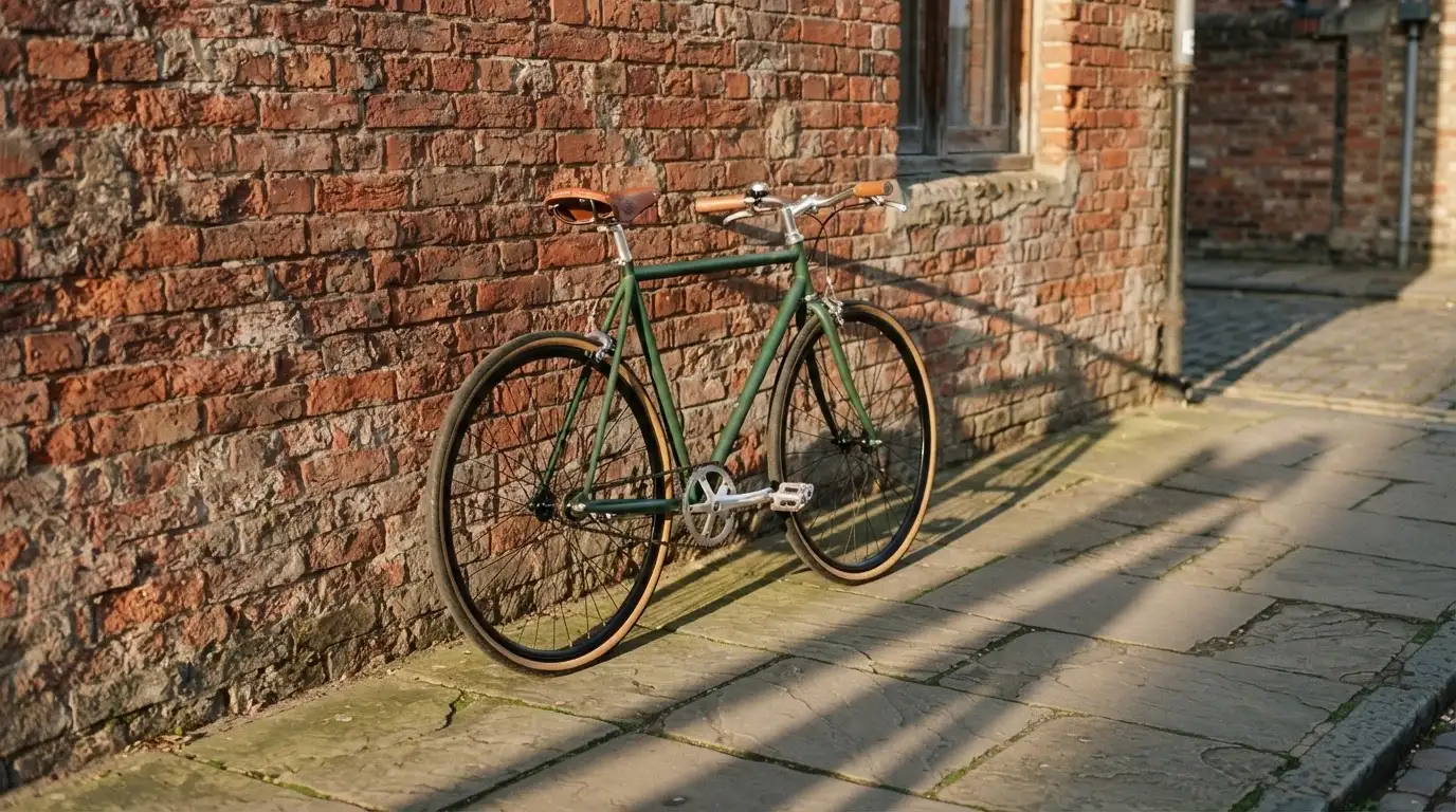 Ein Fahrrad lehnt an einer Backsteinmauer, auf dem Gehweg davor fallen lange Schatten.