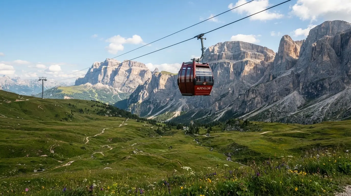 Eine Seilbahnkabine schwebt über einer Alpwiese, im Hintergrund zeichnen sich Felswände ab.