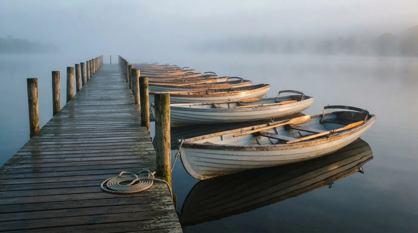 Ruderboote liegen am hölzernen Steg eines Sees, über dem Wasser hängt feiner Morgendunst.