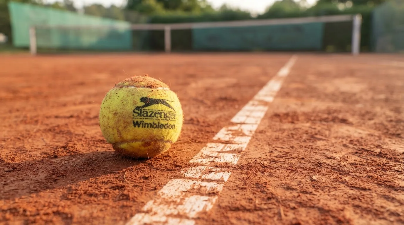 Ein Tennisball liegt auf rotem Sand neben einer verblassten Linie, das Licht ist weich.