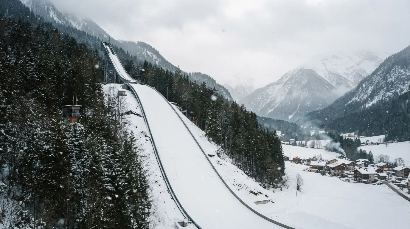 Eine verschneite Skisprungschanze erhebt sich unter grauem Himmel über einem stillen Tal.