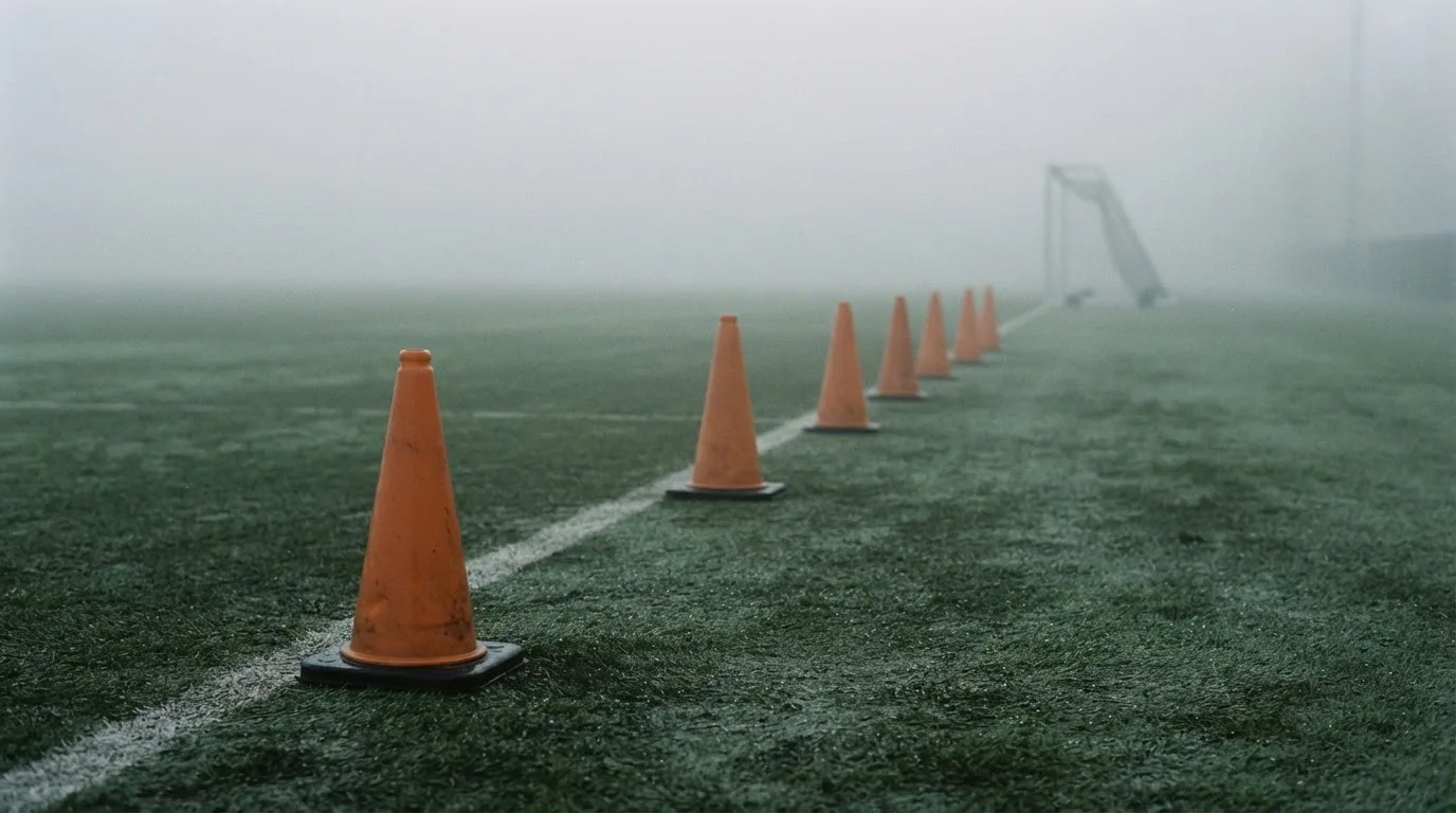 Orange Pylonen stehen auf einem Trainingsplatz im Nebel, die Ränder des Platzes verschwimmen im Dunst.