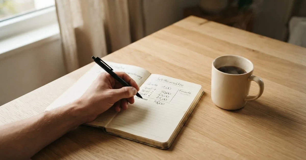 Eine Hand hält einen Stift über einem leeren Blatt, daneben eine Tasse Kaffee auf einem hellen Tisch.