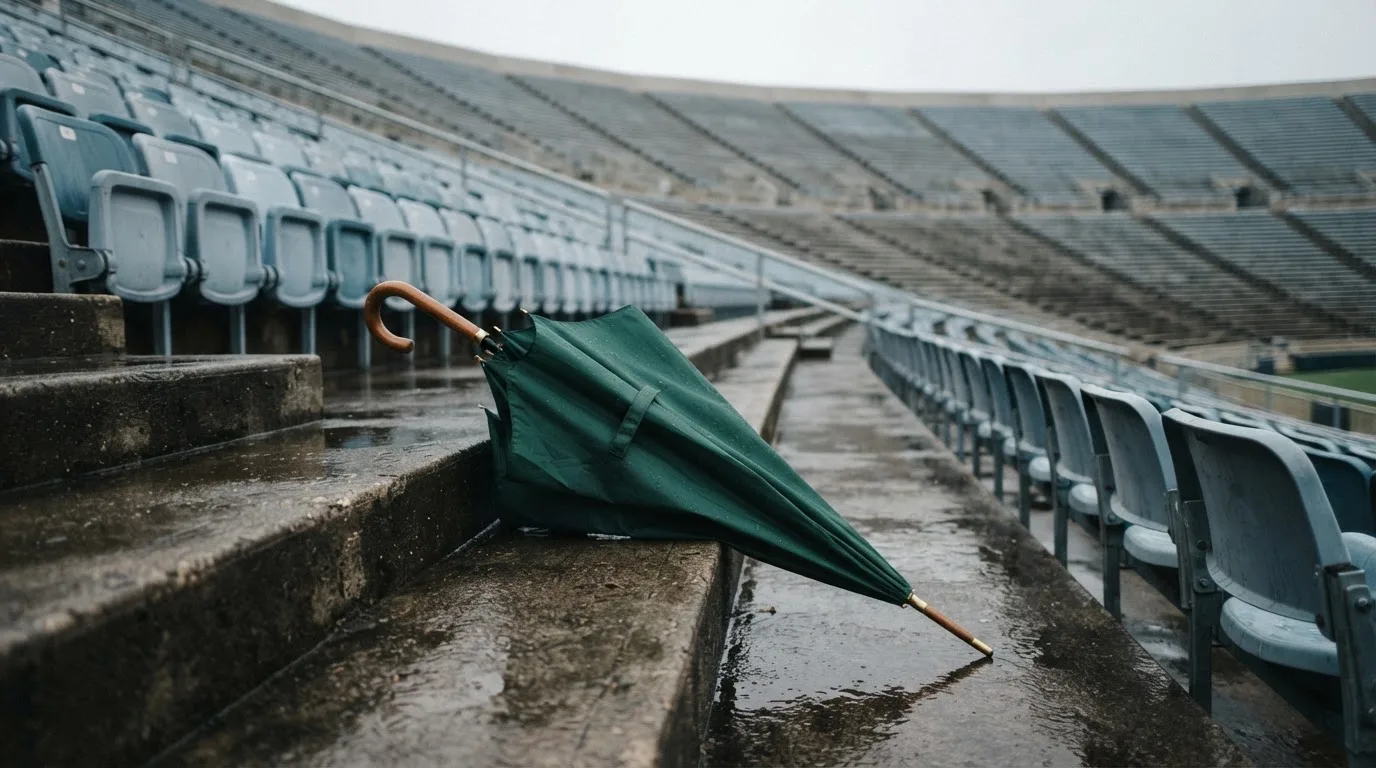 Ein Regenschirm liegt auf einer nassen Treppe zwischen leeren Zuschauerrängen.