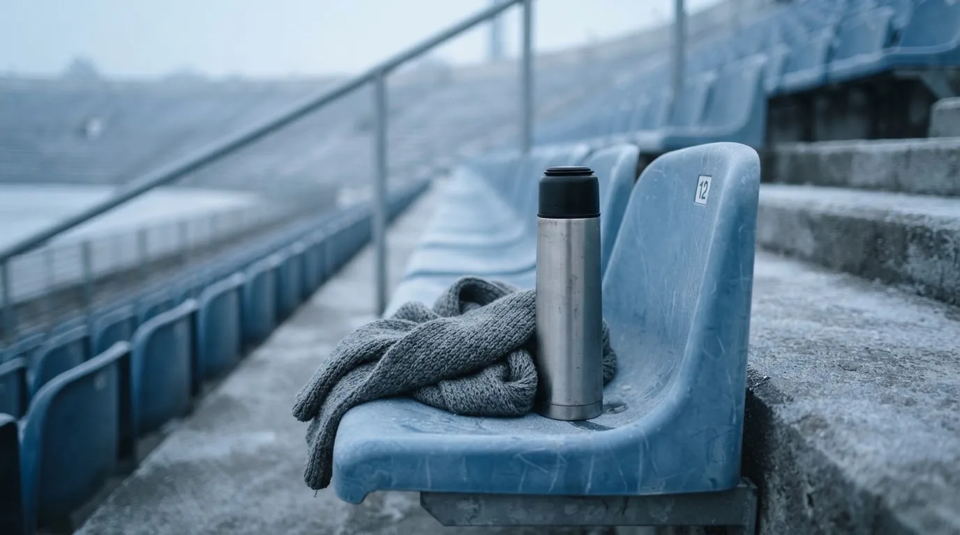 Ein grauer Wollschal und eine Thermoskanne liegen auf einem Sitz im winterlichen Stadion, Raureif liegt auf den Stufen.