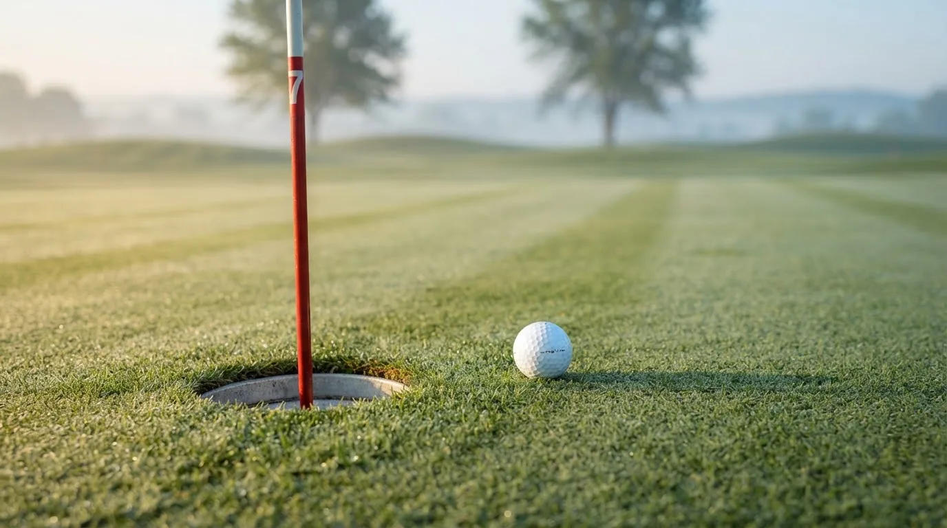 Ein Golfgrün liegt am frühen Morgen im Tau, ein Ball liegt nahe dem Loch.