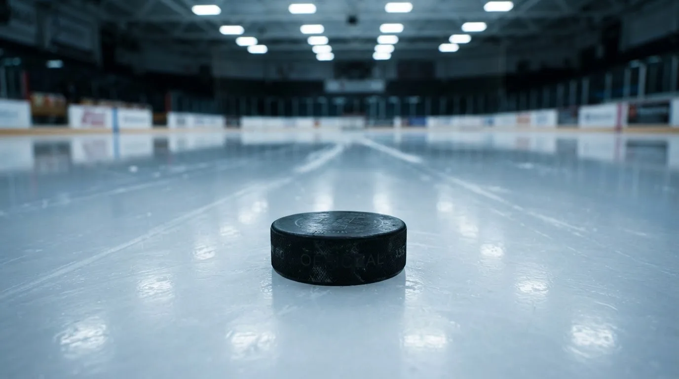 Ein Eishockeypuck liegt in Grossaufnahme auf glatter Eisfläche, im Eis spiegeln sich Hallenlichter.