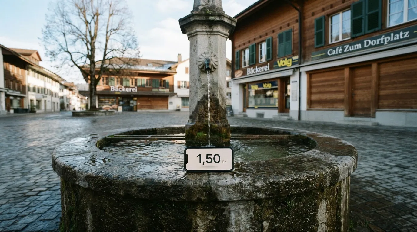 Ein Dorfplatz mit steinernem Brunnen liegt am Vormittag still da, die Läden ringsum sind noch geschlossen.
