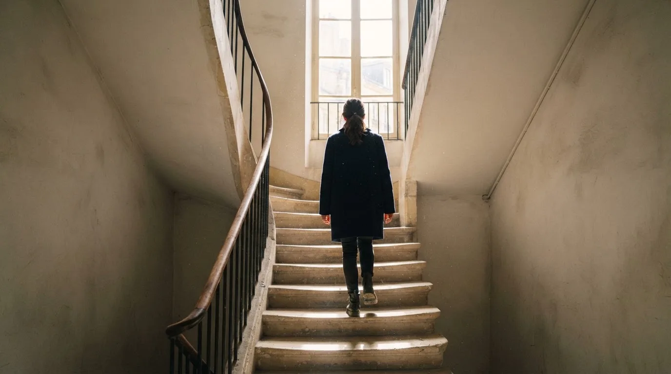 Ein Treppenhaus aus hellem Stein führt in einem Altbau nach oben, Licht fällt durch ein hohes Fenster.